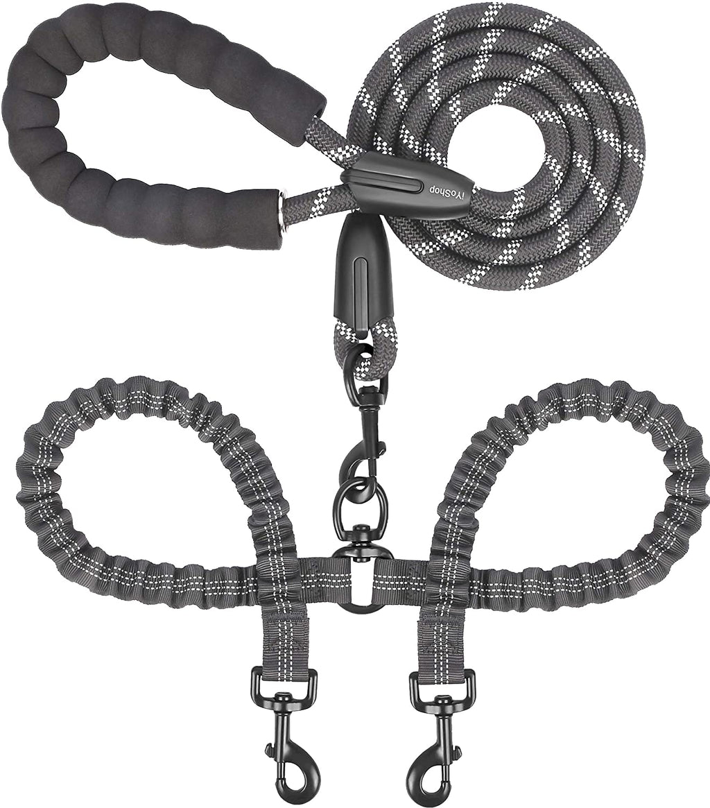 Double Dog Leash, 360° Swivel, No Tangle, Large, 25-150 Lbs, Black | Dual Leash for Two Dogs, Split Leash, Shock-Absorbing Bungee, Padded Handle, Heavy-Duty Rope