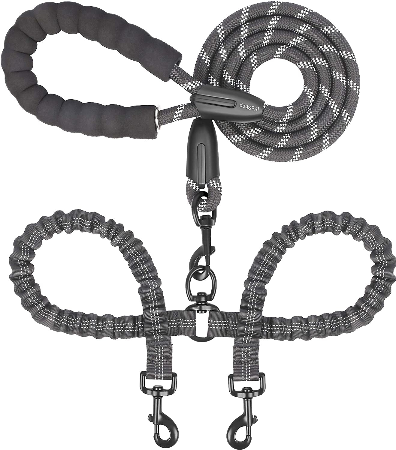 Double Dog Leash, 360° Swivel, No Tangle, Large, 25-150 Lbs, Black | Dual Leash for Two Dogs, Split Leash, Shock-Absorbing Bungee, Padded Handle, Heavy-Duty Rope