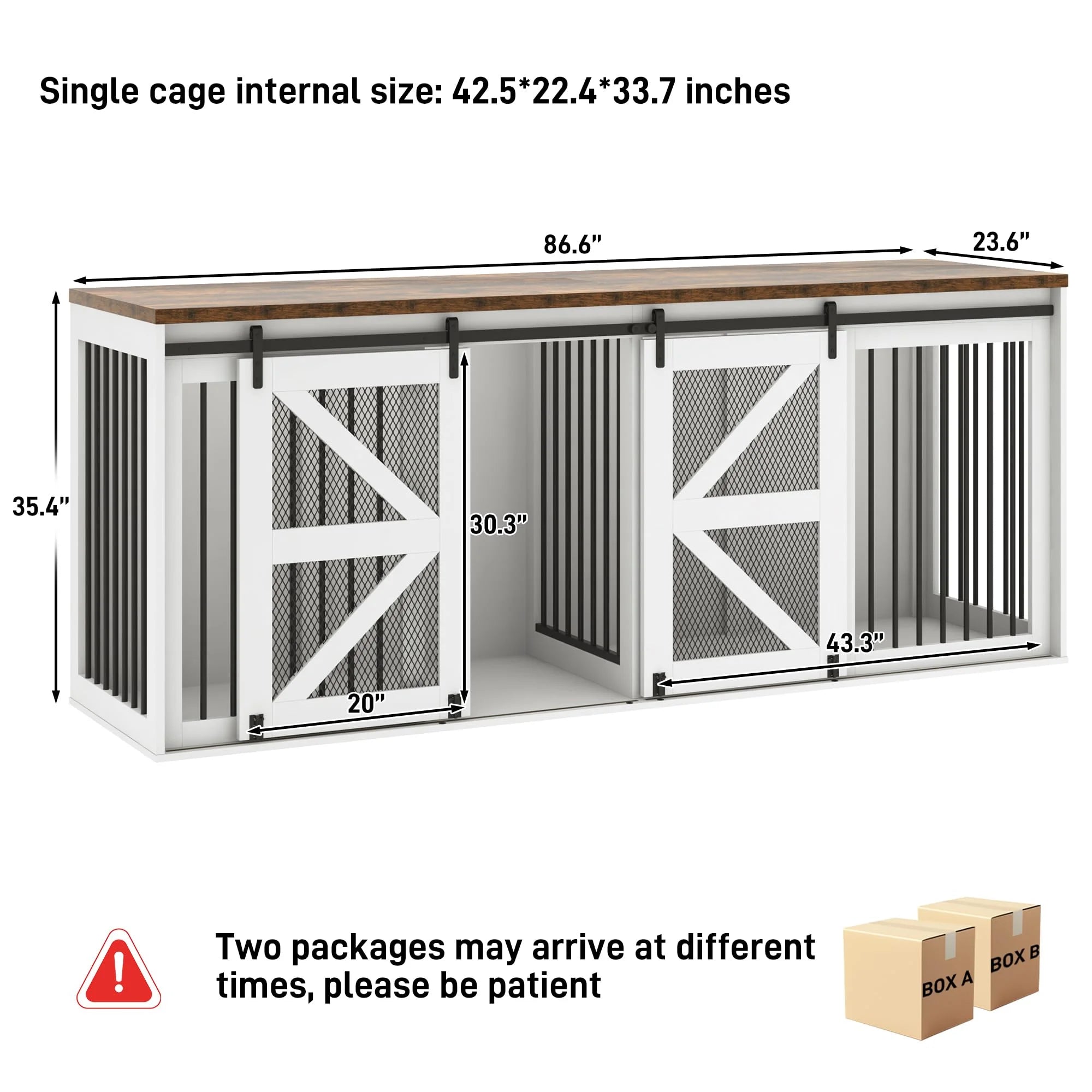 87" Large Farmhouse Dog Crate TV Stand, Wooden Dog Crate Furniture with with Divider Panel/Sliding Metal Mesh Barn Door, XL-XXL Heavty Duty Dog Crates Furniture for 2 Medium or Large Dogs