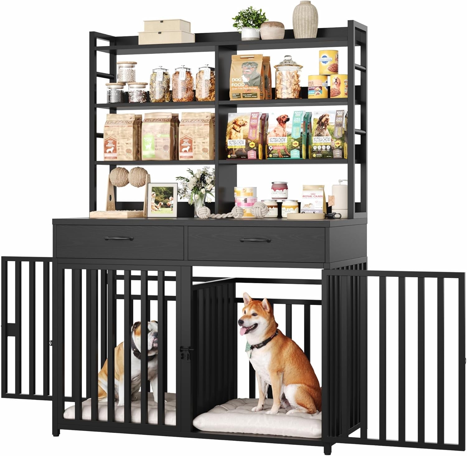 71''H X 47.2''W Large Dog Crate Furniture with 4-Tier Shelves and 2 Storage Drawers, Heavy Duty Dog Cage Furniture with 2 Doors, Wood & Metal Dog Kennel Indoor for Small/Medium/Large Dog, Black
