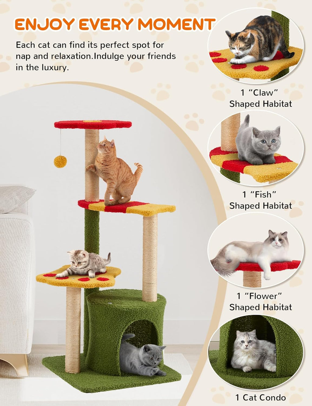 Flower Cat Tree 37In Cute Cat Tree Tower for Indoor Cats with 3 Sisal Covered Scratching Posts, Cozy Tower Condo, Padded Top Perch Green Fun Cat Tree Kitty Condo Cat Furniture for Indoor Cats