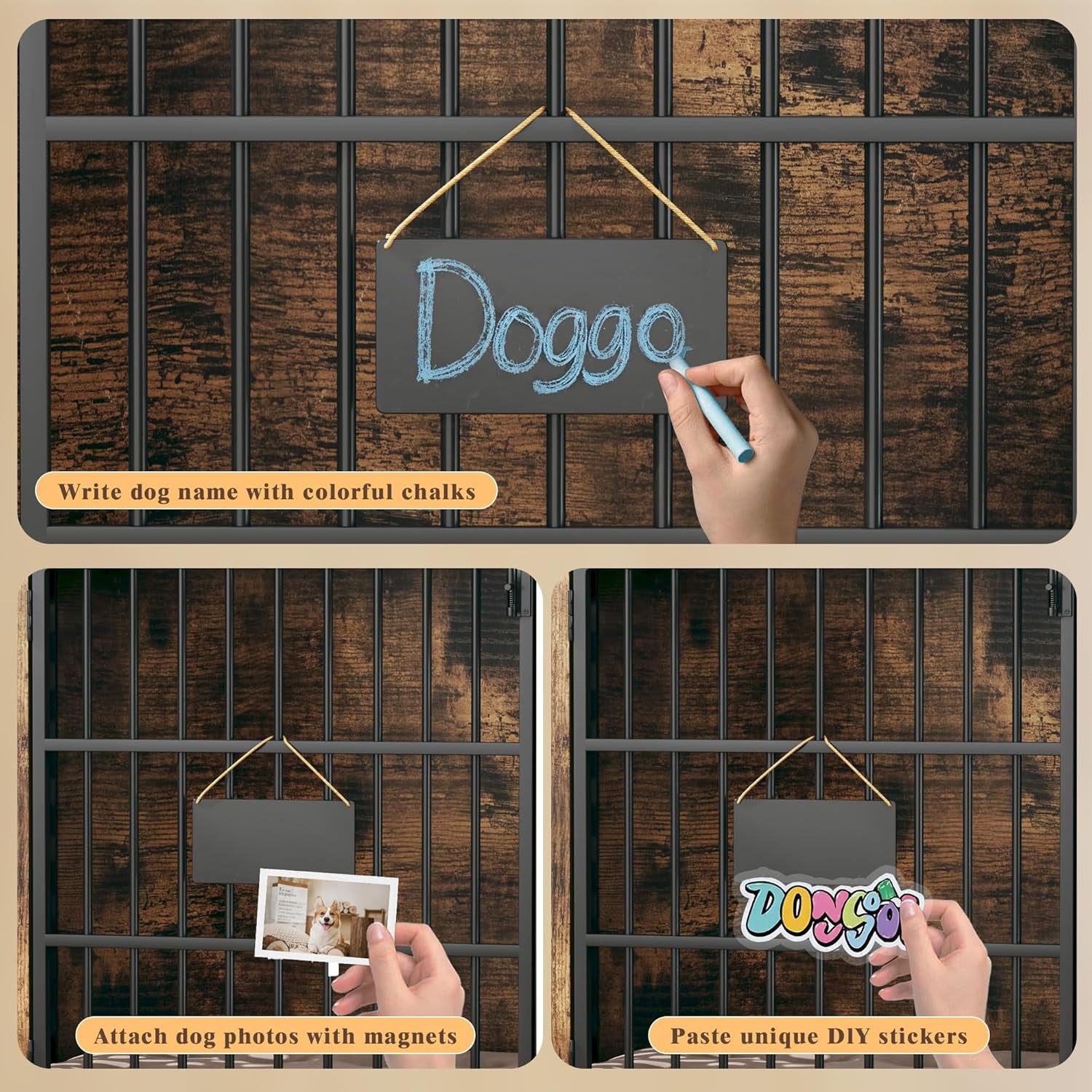 63" Large Double Dog Kennel Furniture for 2 Dogs – Extra Sturdy XXL Metal & Wooden Medium Dog Cage with Removable Divider, Dual Doors & Name Tags – Indoor/Outdoor Crate for Large Breeds