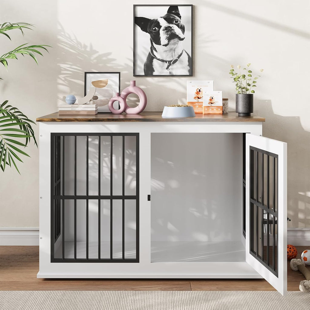 Dog Crate Furniture with Liftable Top, 40" White Wooden Dog Kennel End Table, Heavy Duty Pet Cage for Large Medium Dogs, 200Lb Capacity White