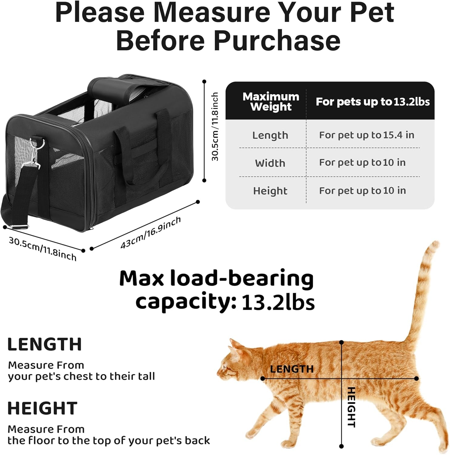 Pet Travel Carrier Soft Sided Portable Bag for Cats, Small Dogs, Kittens or Puppies, Collapsible, Durable, Airline Approved, Travel Friendly (Grey, 17.0" L X 10.0" W X 11.0" H) (Black)