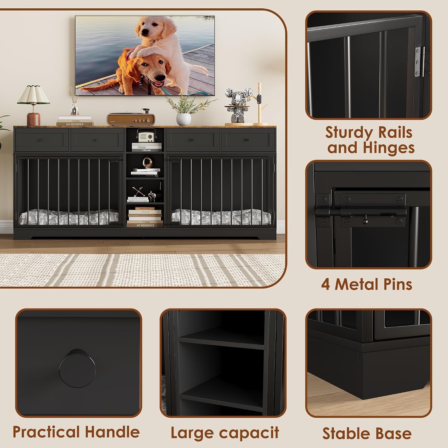 82" Double Dog Crate Furniture with Drawers and Shelves, Black | Heavy Duty Wooden Dog Crate TV Stand, Large Dog Kennel Indoor for 2 Medium/Large Dogs
