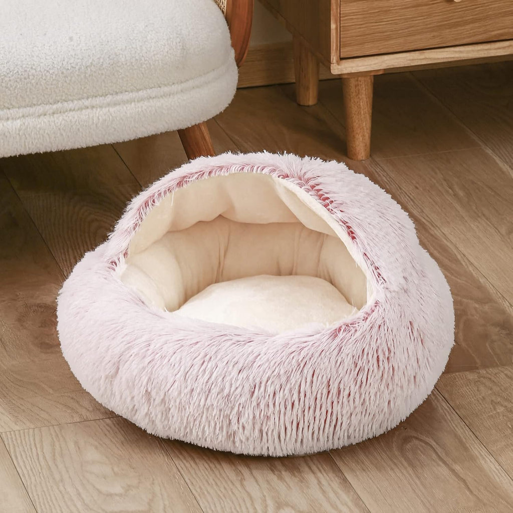 Dog Bed Cuddle Cat Bed Donut Small Pet Medium Cover Washable Clearance Snuggler Soft Plush Attached Blanket round (23.6In Pink)