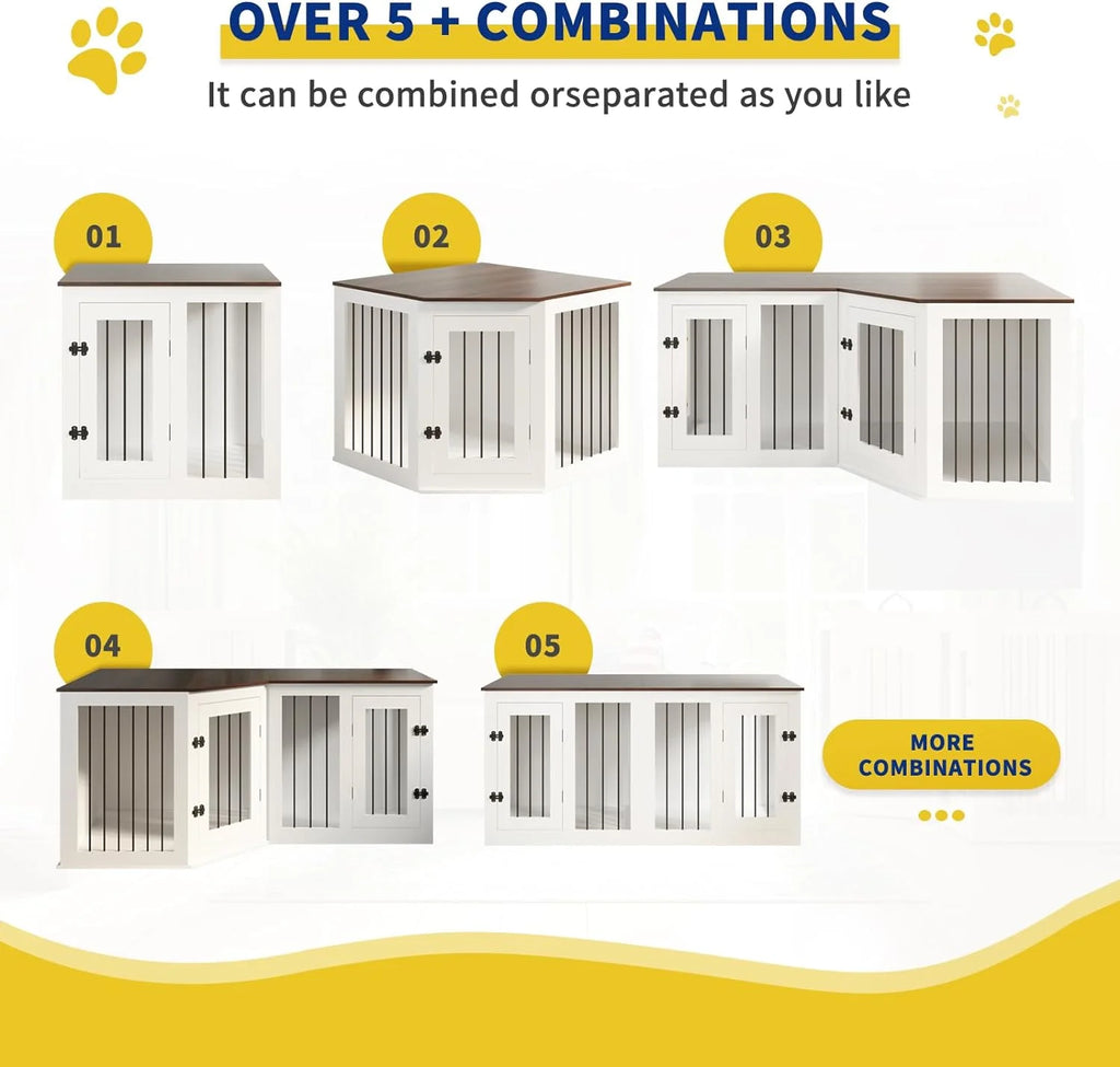 113" Large Dog Crate Furniture for 3 Dogs, Corner Dog Crate with Divider, Wooden Indoor Dog Kennel Furniture, Dog Crate Cage for Large Medium Small Dogs, Combined in 3 Ways