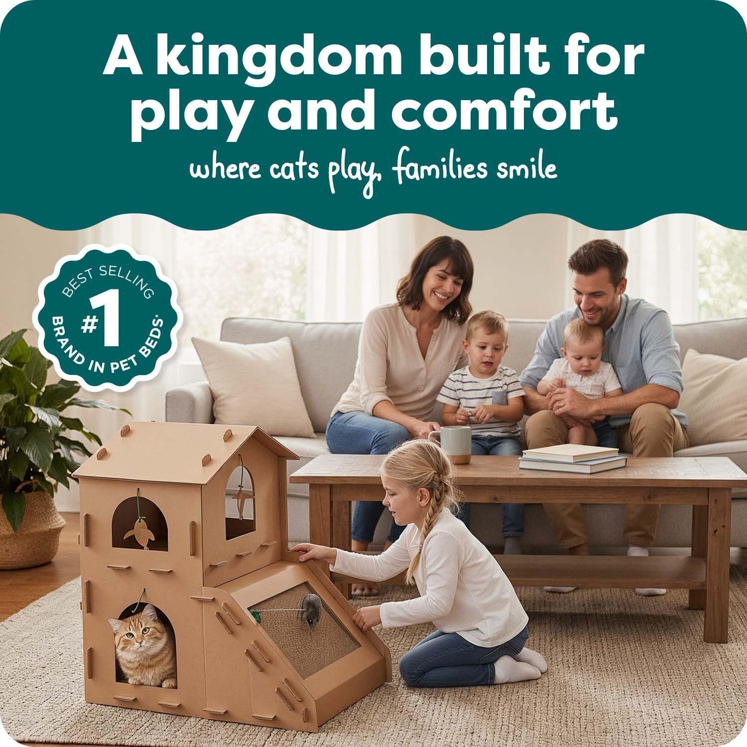 Townhouse Multi-Level Cardboard Cat House for Indoor Cats with Catnip & Toys, Double-Walled Corrugated Scratcher Designed for Lounging, Play & Comfort, One Size, Cardboard, Brown