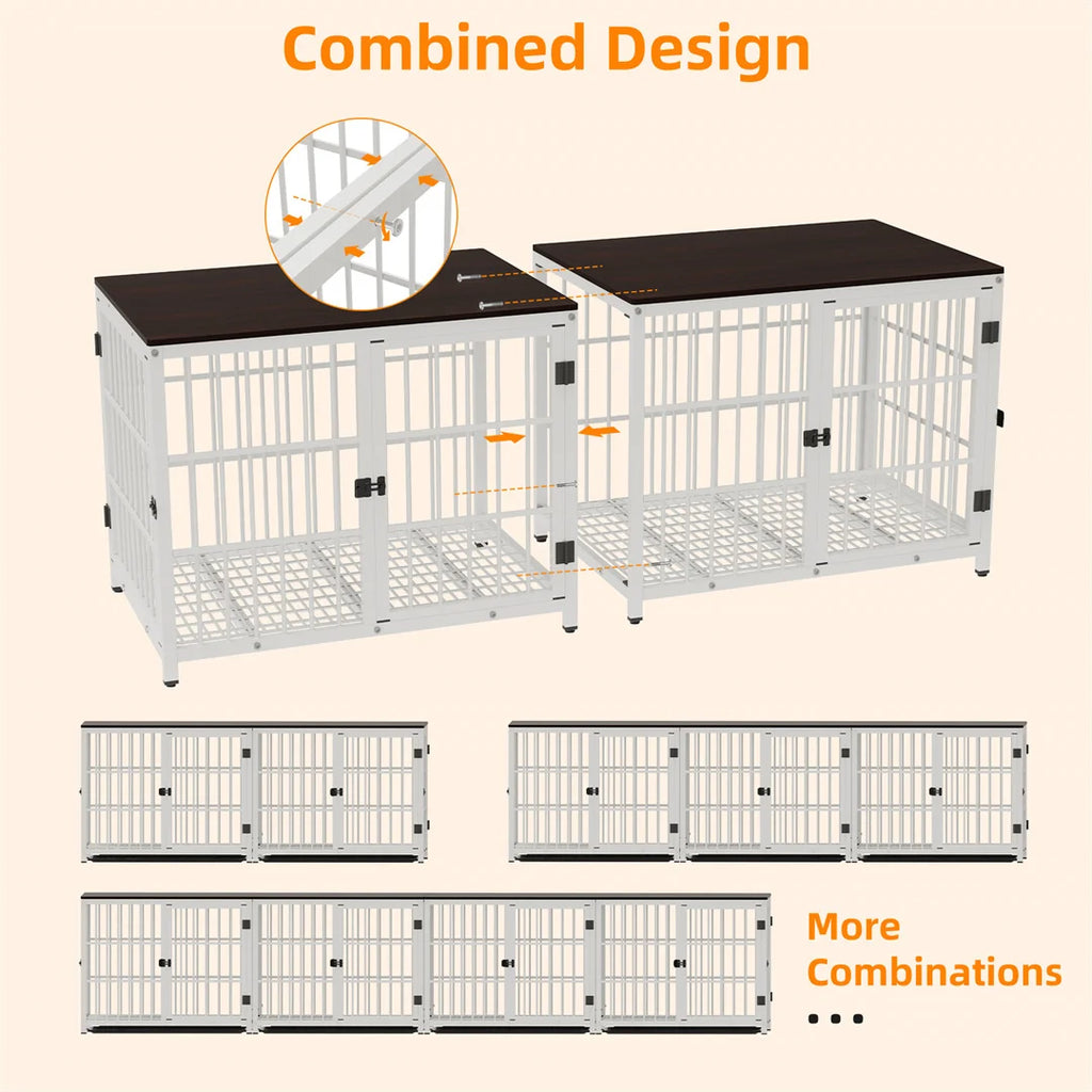 Furniture Style Dog Crate White Pet Kennel Black Cage End Table with Three Doors and Removable Tray, for Small Medium Large Dogs