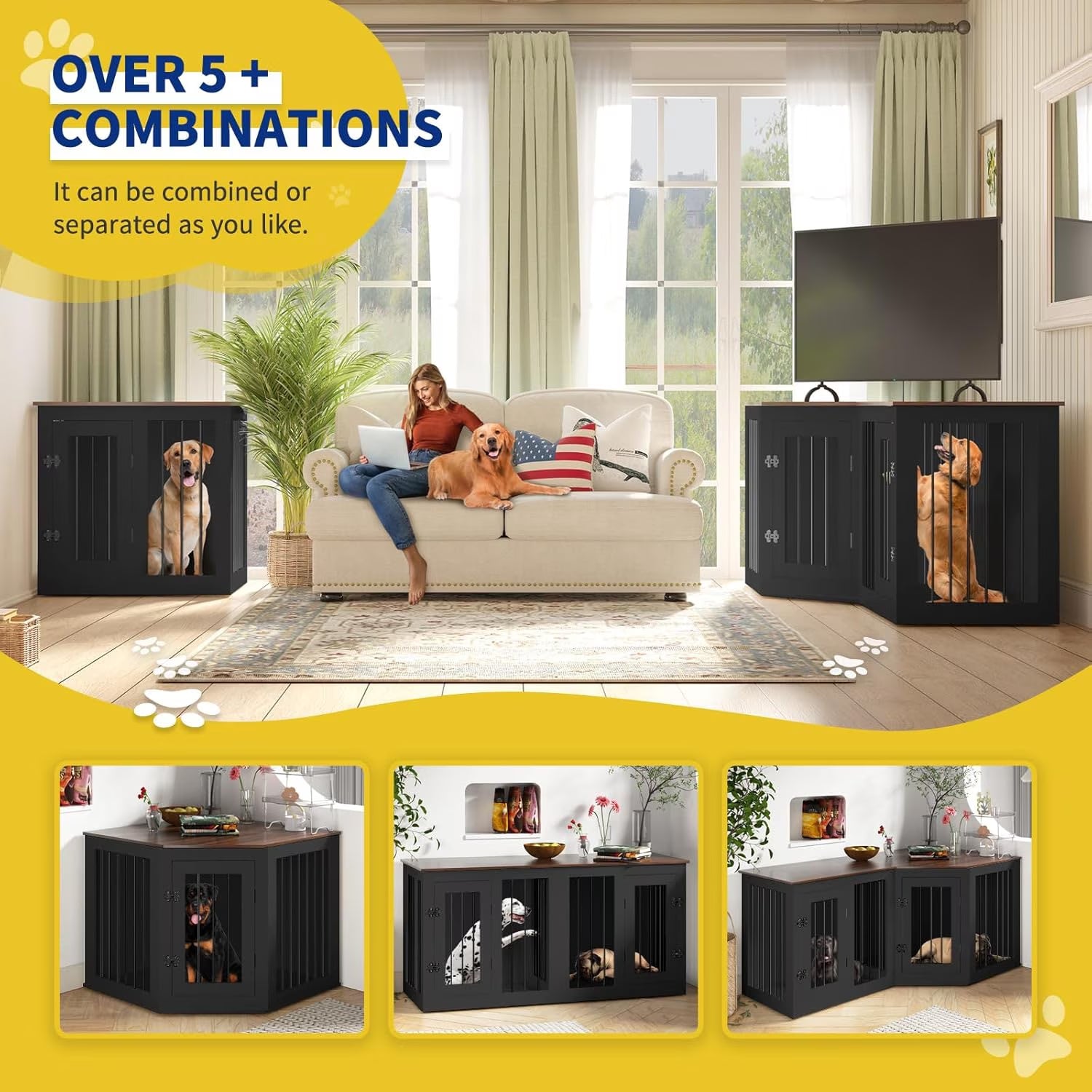 113" Large Dog Crate Furniture for 3 Dogs, Corner Dog Crate with Divider, Wooden Indoor Dog Kennel Furniture, Dog Crate Cage for Large Medium Small Dogs, Combined in 3 Ways