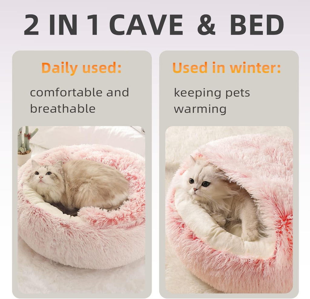 Dog Bed Cuddle Cat Bed Donut Small Pet Medium Cover Washable Clearance Snuggler Soft Plush Attached Blanket round (23.6In Pink)