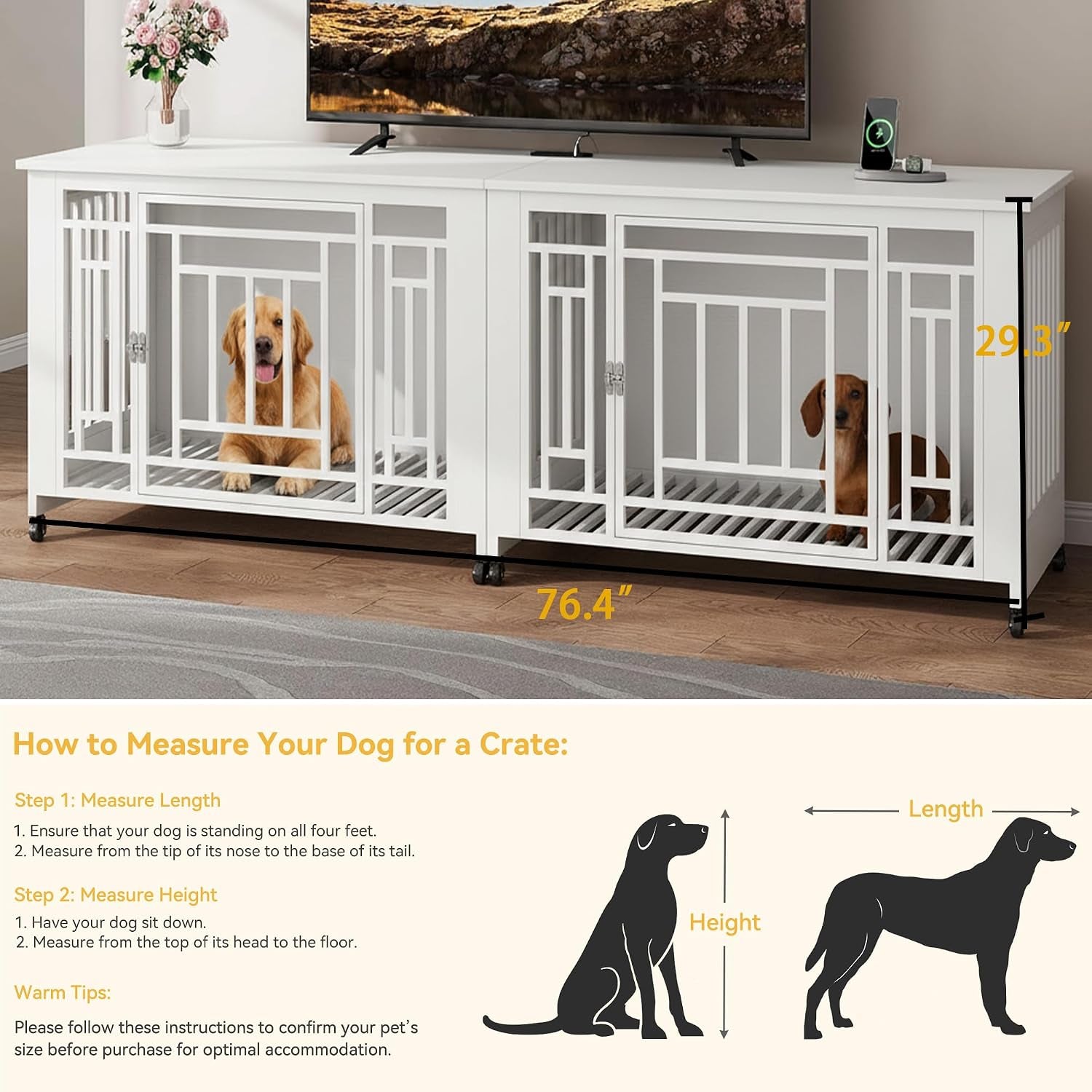 76" Double Dog Crate Furniture for 2 Large Medium Dogs Chew-Resistant | Heavy Duty Dog Kennel Indoor TV Stand with Wheels, Decorative Wooden Dogs Cage Table with Removable Tray, White