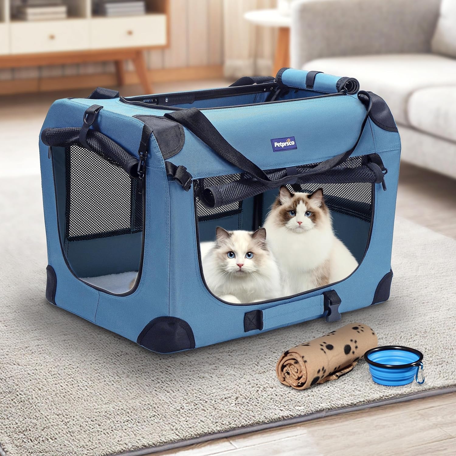 Portable Collapsible Dog Crate, 24" Soft Dog Crate for Car Travel | Includes Mat, Blanket & Bowl, Strong Fabric, 4-Sided Mesh Vents, 3 Doors, Fit Small Dogs & Large Cats Indoor and Outdoor Use