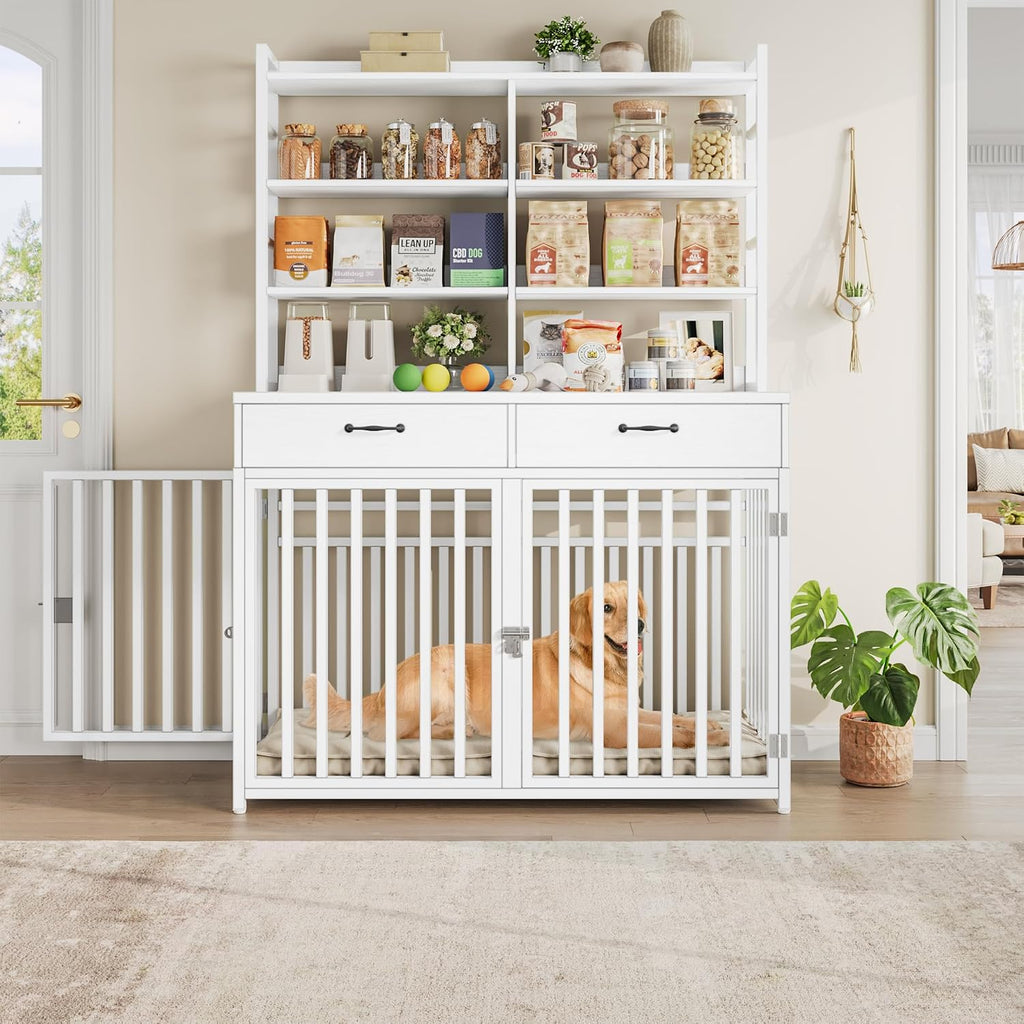 71''H X 47.2''W Large Dog Crate Furniture with 4-Tier Shelves and 2 Storage Drawers, Heavy Duty Dog Cage Furniture with 2 Doors, Wood & Metal Dog Kennel Indoor for Small/Medium/Large Dog, White