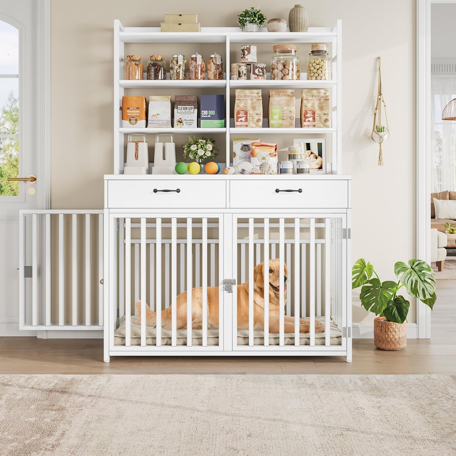 71''H X 47.2''W Large Dog Crate Furniture with 4-Tier Shelves and 2 Storage Drawers, Heavy Duty Dog Cage Furniture with 2 Doors, Wood & Metal Dog Kennel Indoor for Small/Medium/Large Dog, White