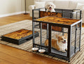 Heavy Duty Dog Crate for Small Dogs, 3 in 1 32.7" Foldable Collapsible Dog Kennel & Playpen with Lockable Wheels & Feeding Bowls, Escape Proof Metal Dog Cage for Indoor Outdoor Use, Rustic Brown