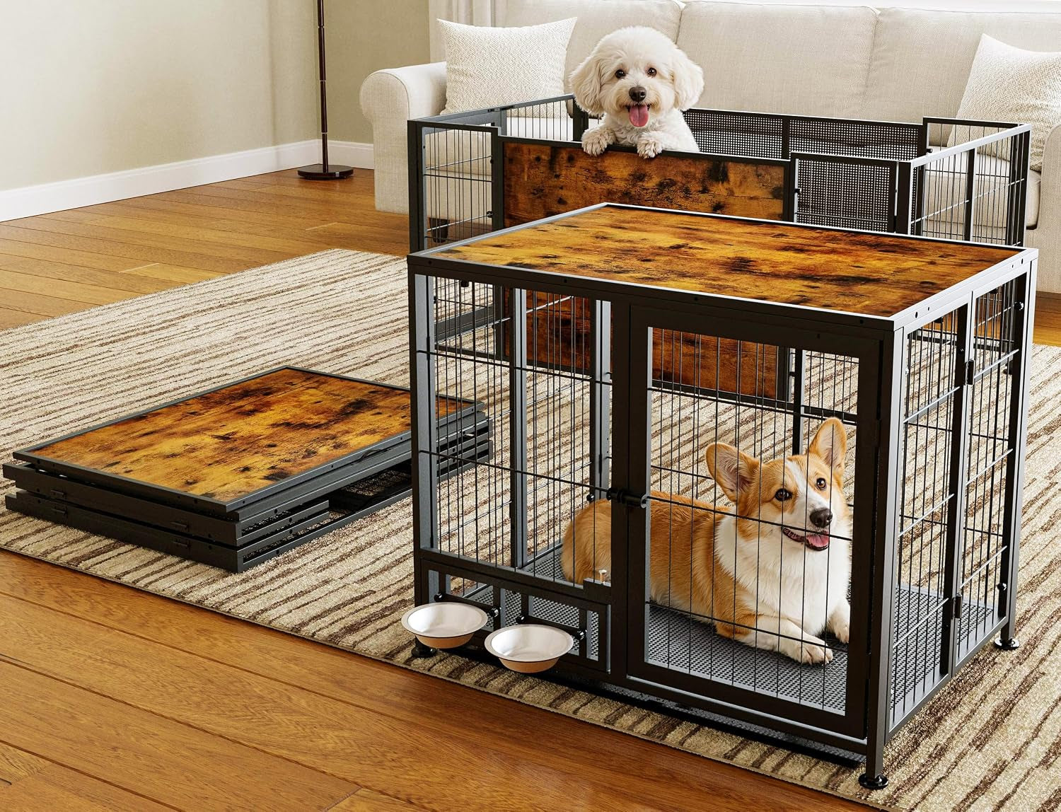Heavy Duty Dog Crate for Small Dogs, 3 in 1 32.7" Foldable Collapsible Dog Kennel & Playpen with Lockable Wheels & Feeding Bowls, Escape Proof Metal Dog Cage for Indoor Outdoor Use, Rustic Brown