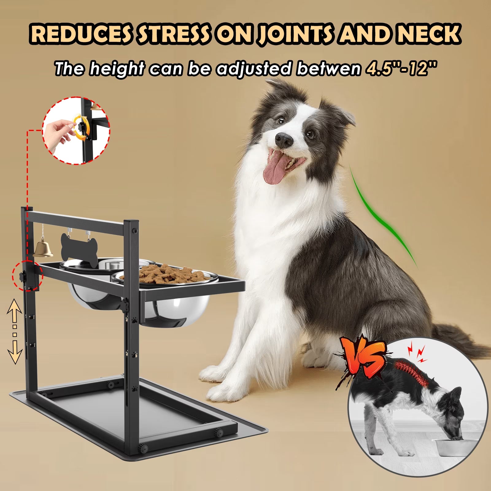 Adjustable Height Elevated Dog Bowls with Slow Feeder and Two 1.7L (60Oz) Stainless Steel Bowls for Large Medium Dogs