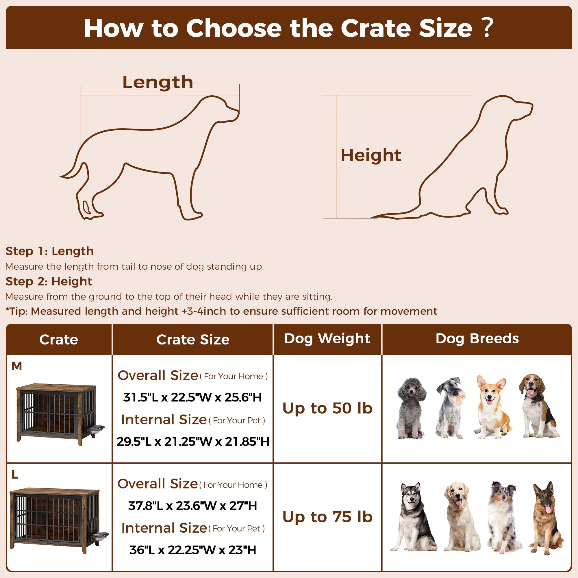 Dog Crate Furniture with 2 Adjustable Dog Bowls, Dog Kennel Indoor with Lockable Doors, 32" Pet Carrier House for Medium, Brown