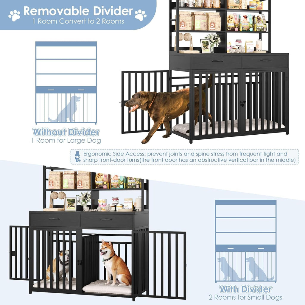 71''H X 47.2''W Large Dog Crate Furniture with 4-Tier Shelves and 2 Storage Drawers, Heavy Duty Dog Cage Furniture with 2 Doors, Wood & Metal Dog Kennel Indoor for Small/Medium/Large Dog, Black