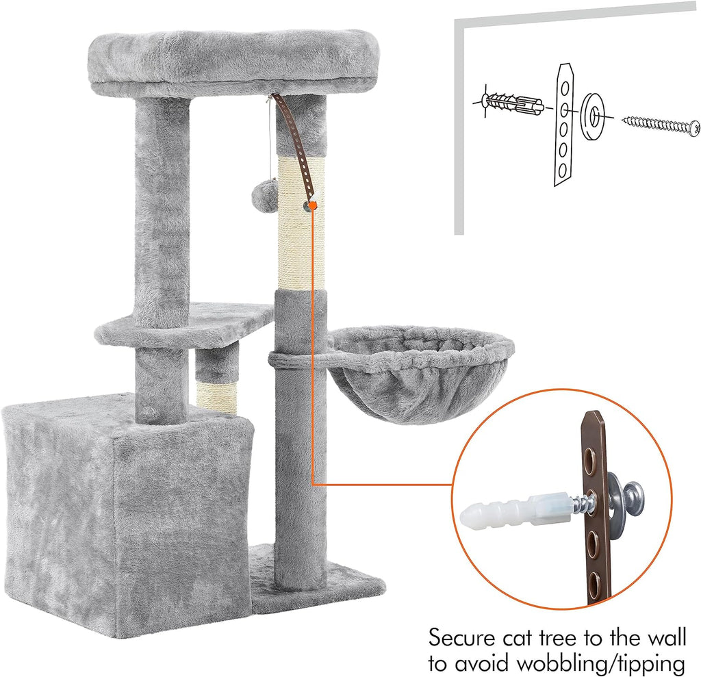 34In Small Cat Tree W/Condo & Basket for Indoor Cats, Light Gray | Scratching Posts, Soft Plush Platform & Window Perch, for Kittens & Small-Medium Cats up to 11 Lb, Easy to Assemble