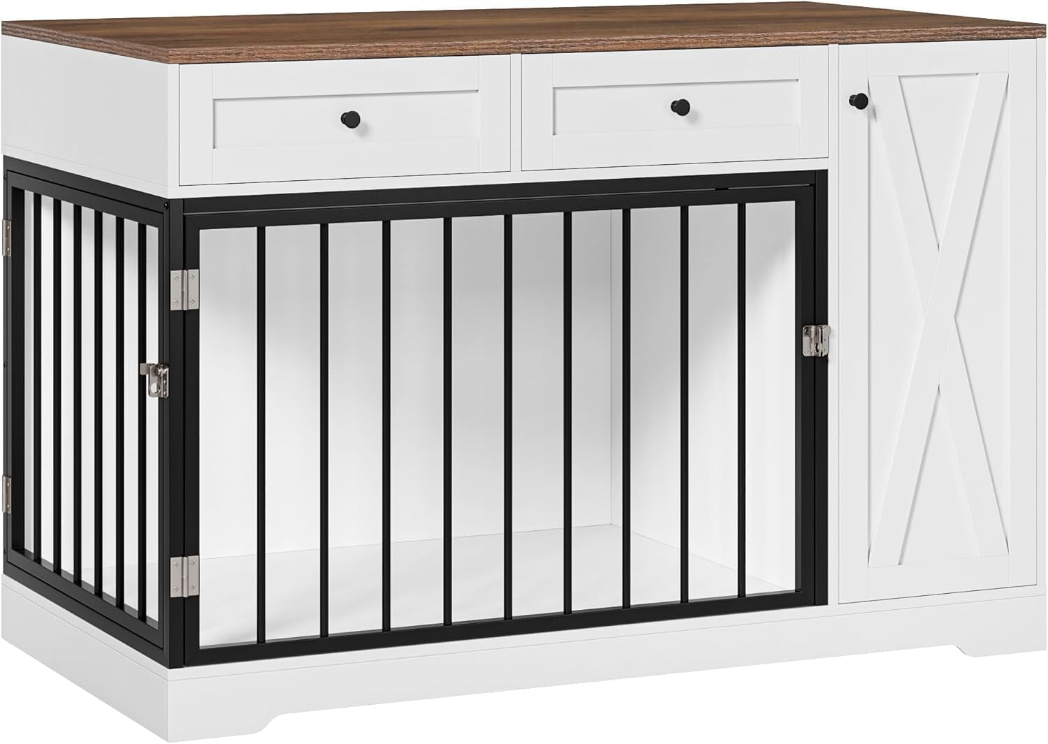 Wooden Dog Crate Furniture, Indoor Pet House with Double Doors & 2 Drawers, Modern Farmhouse Side End Table with Storage Cabinet, for Small to Big Dogs, White