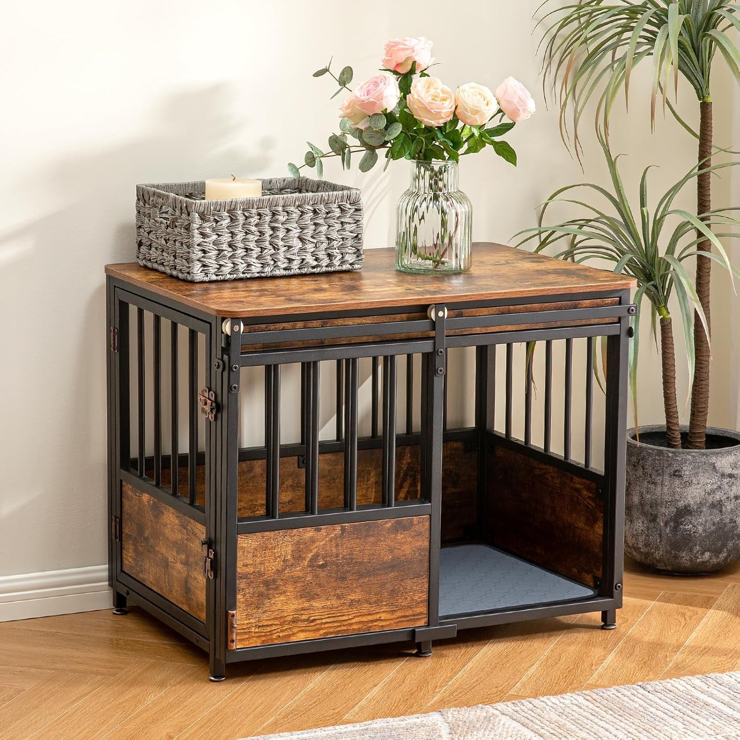 32" Dog Crate Furniture with Cushion, Heavy Duty for Medium Dogs | Wooden Dog Kennel with Double Doors, Decorative Pet House Dog Cage Side End Table Indoor, Sliding Door Chew-Resistant