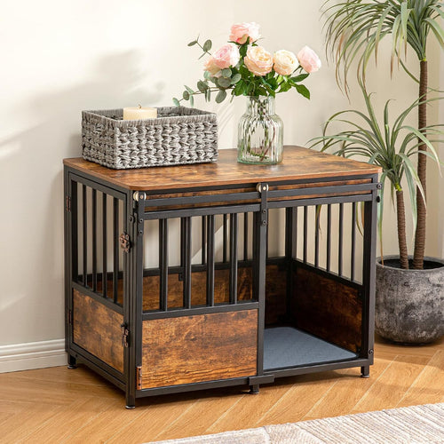 32" Dog Crate Furniture with Cushion, Heavy Duty for Medium Dogs | Wooden Dog Kennel with Double Doors, Decorative Pet House Dog Cage Side End Table Indoor, Sliding Door Chew-Resistant