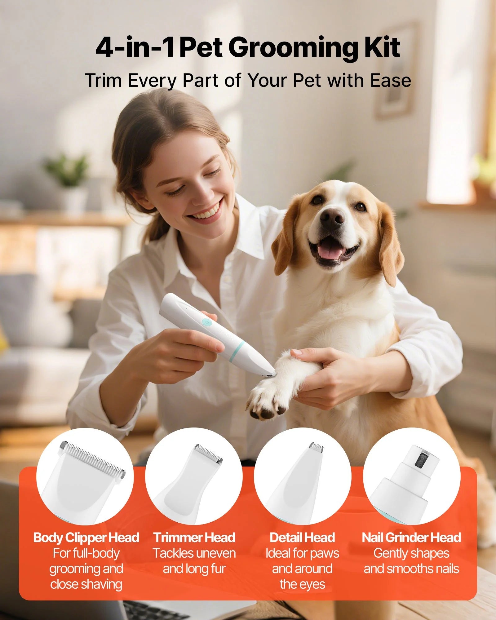 Dog Clippers for Grooming, 4 in 1 Dog Grooming Kit, Low Noise, Rechargeable Pet Shaver with 6 Combs & 4 Detachable Blades, Waterproof Cordless Pet Hair Trimmers Nail Grinder Set for Dogs Cats