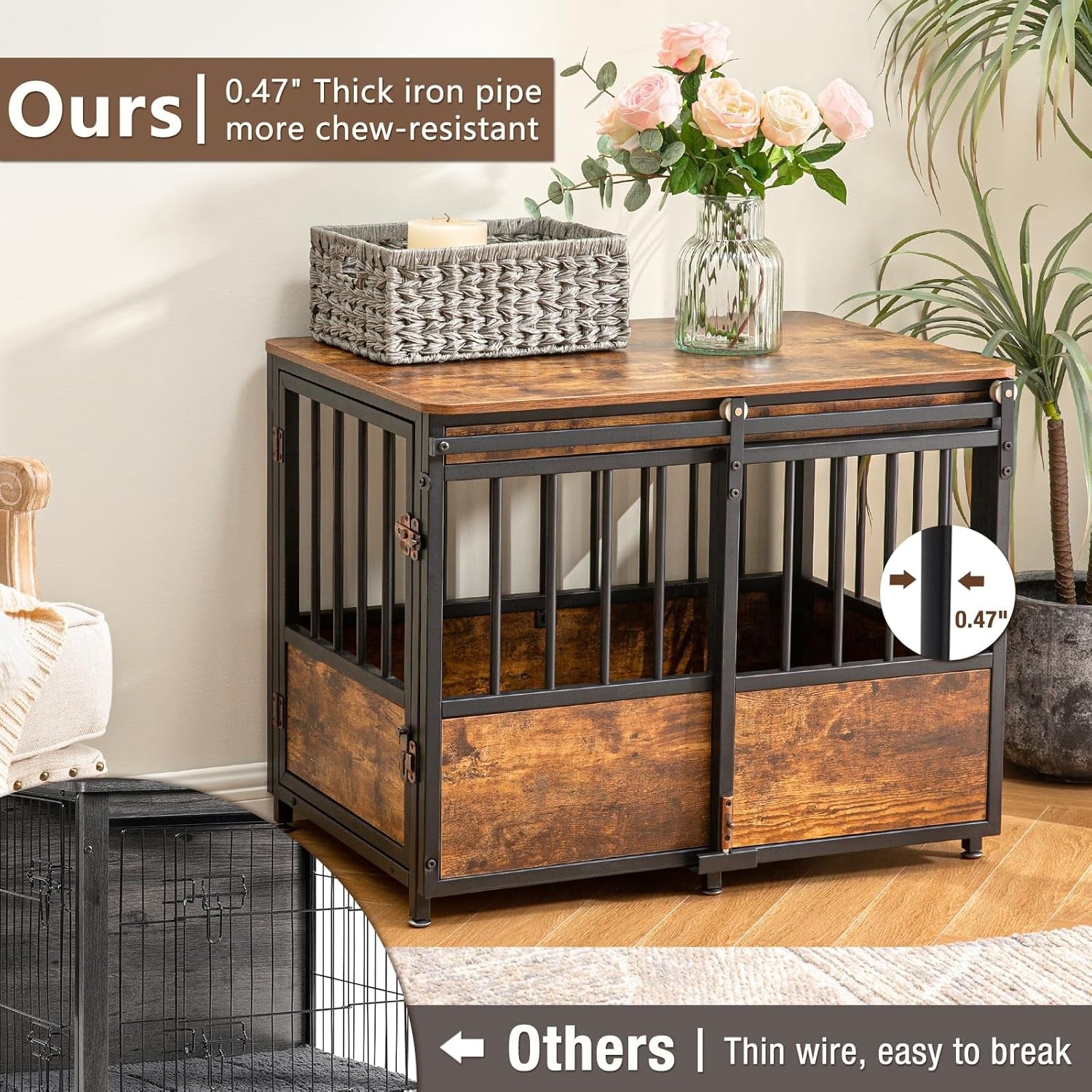 32" Dog Crate Furniture with Cushion, Heavy Duty for Medium Dogs | Wooden Dog Kennel with Double Doors, Decorative Pet House Dog Cage Side End Table Indoor, Sliding Door Chew-Resistant