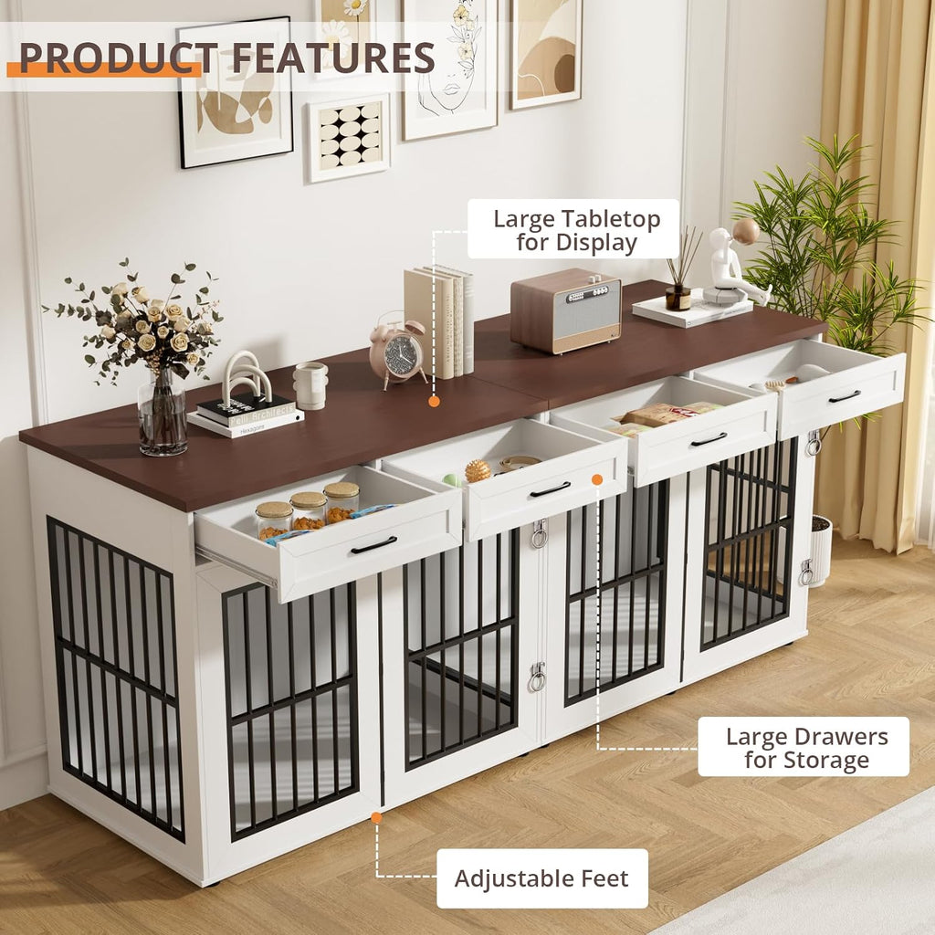 86.7 in Dog Crate Furniture for 2 Dogs, Extra Large Double Dog Cage Furniture TV Stand with Removable Divider, Wooden Dog Kennel Indoor, XXL Thick Dog Crate for Large Medium Dogs, White/Brown