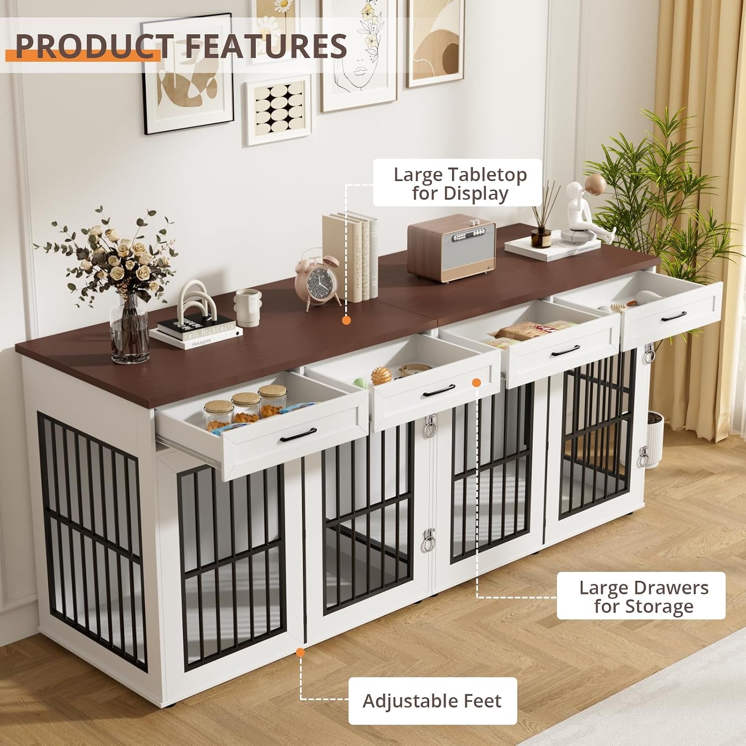 86.7 in Dog Crate Furniture for 2 Dogs, Extra Large Double Dog Cage Furniture TV Stand with Removable Divider, Wooden Dog Kennel Indoor, XXL Thick Dog Crate for Large Medium Dogs, White/Brown