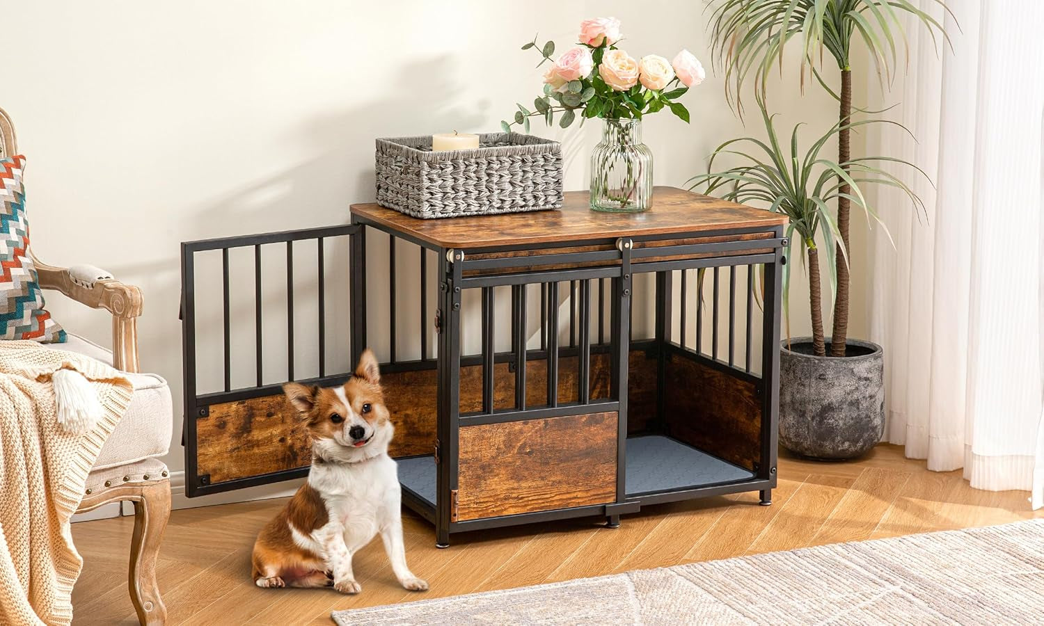 32" Dog Crate Furniture with Cushion, Heavy Duty for Medium Dogs | Wooden Dog Kennel with Double Doors, Decorative Pet House Dog Cage Side End Table Indoor, Sliding Door Chew-Resistant