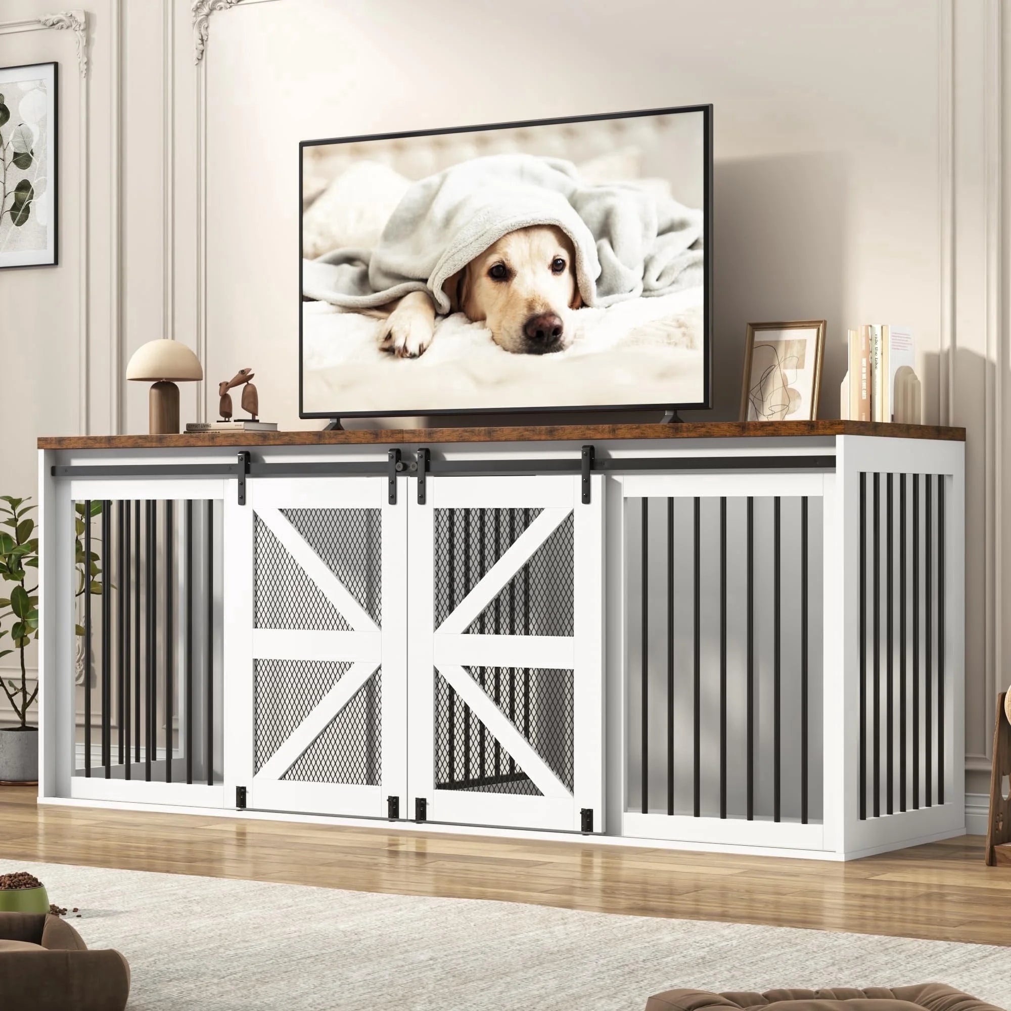 87" Large Farmhouse Dog Crate TV Stand, Wooden Dog Crate Furniture with with Divider Panel/Sliding Metal Mesh Barn Door, XL-XXL Heavty Duty Dog Crates Furniture for 2 Medium or Large Dogs