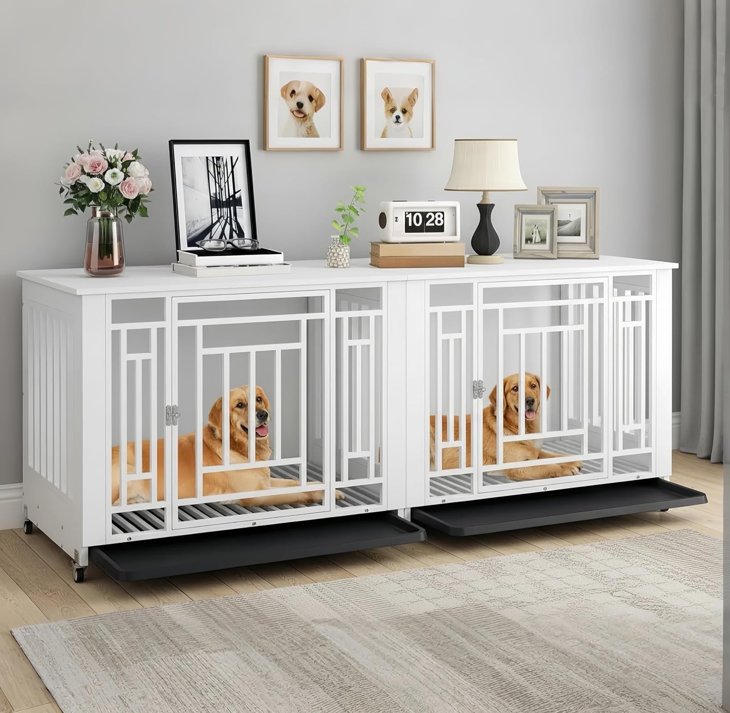 76" Double Dog Crate Furniture for 2 Large Medium Dogs Chew-Resistant | Heavy Duty Dog Kennel Indoor TV Stand with Wheels, Decorative Wooden Dogs Cage Table with Removable Tray, White