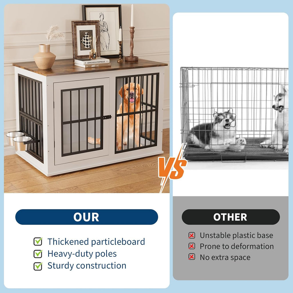 Dog Crate Furniture with Liftable Top, 40" White Wooden Dog Kennel End Table, Heavy Duty Pet Cage for Large Medium Dogs, 200Lb Capacity White