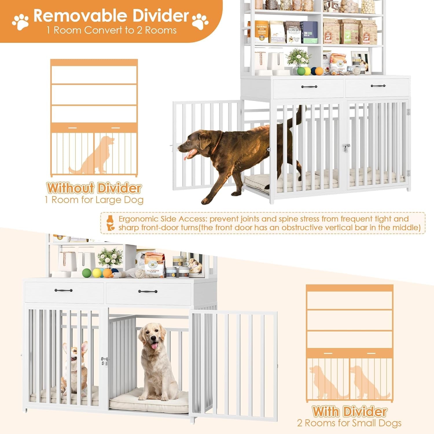71''H X 47.2''W Large Dog Crate Furniture with 4-Tier Shelves and 2 Storage Drawers, Heavy Duty Dog Cage Furniture with 2 Doors, Wood & Metal Dog Kennel Indoor for Small/Medium/Large Dog, White