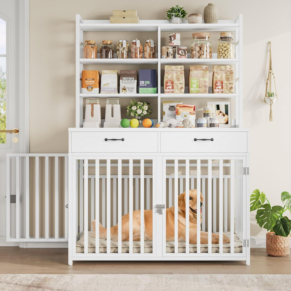 71''H X 47.2''W Large Dog Crate Furniture with 4-Tier Shelves and 2 Storage Drawers, Heavy Duty Dog Cage Furniture with 2 Doors, Wood & Metal Dog Kennel Indoor for Small/Medium/Large Dog, White