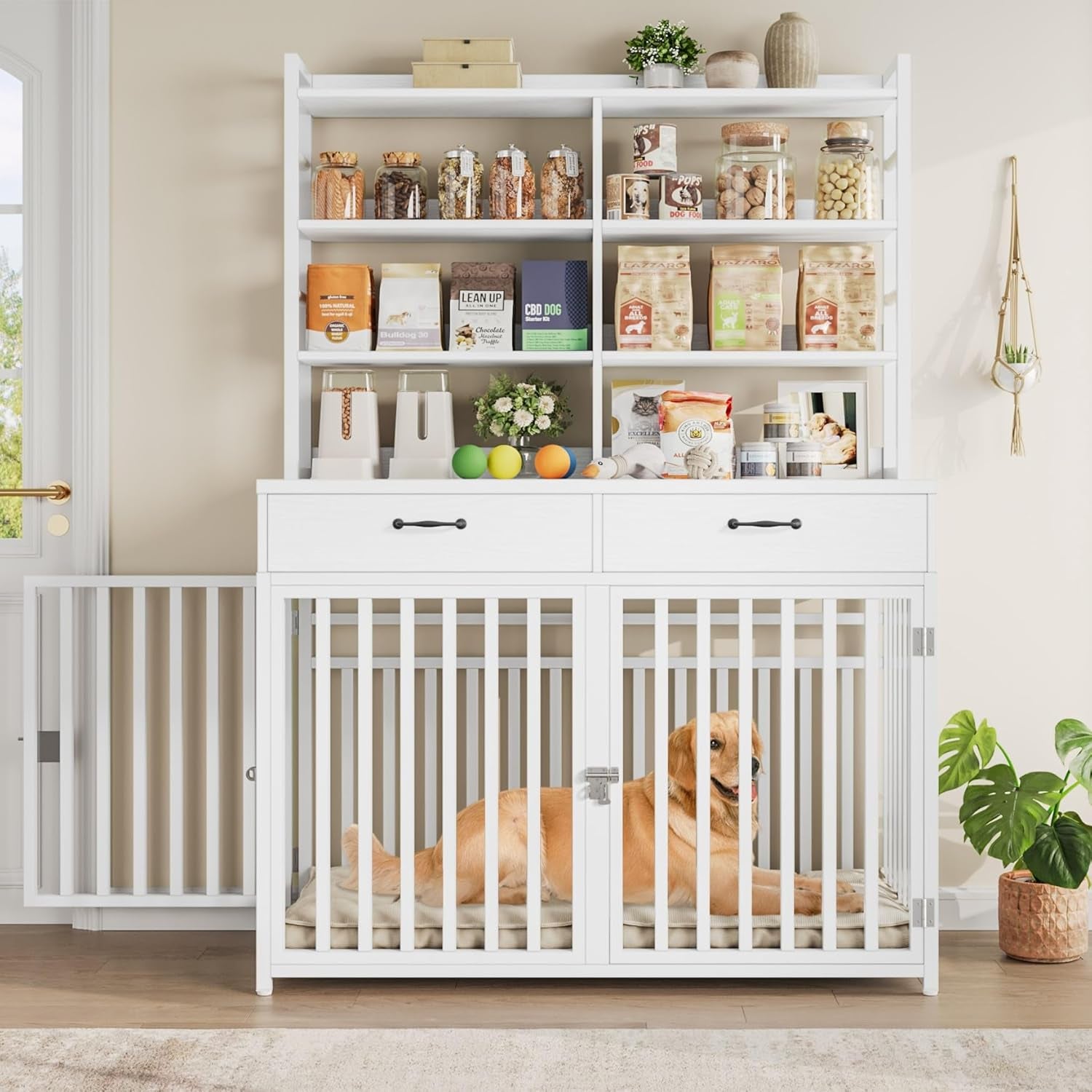 71''H X 47.2''W Large Dog Crate Furniture with 4-Tier Shelves and 2 Storage Drawers, Heavy Duty Dog Cage Furniture with 2 Doors, Wood & Metal Dog Kennel Indoor for Small/Medium/Large Dog, White
