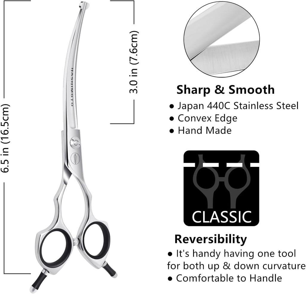Curved Dog Grooming Scissors with Safety round Tips, 6.5 Inch. | Lightweight, No Stabbing with Blunt Tip, 440C Stainless Steel, Sharp, Friendly to Amateur.