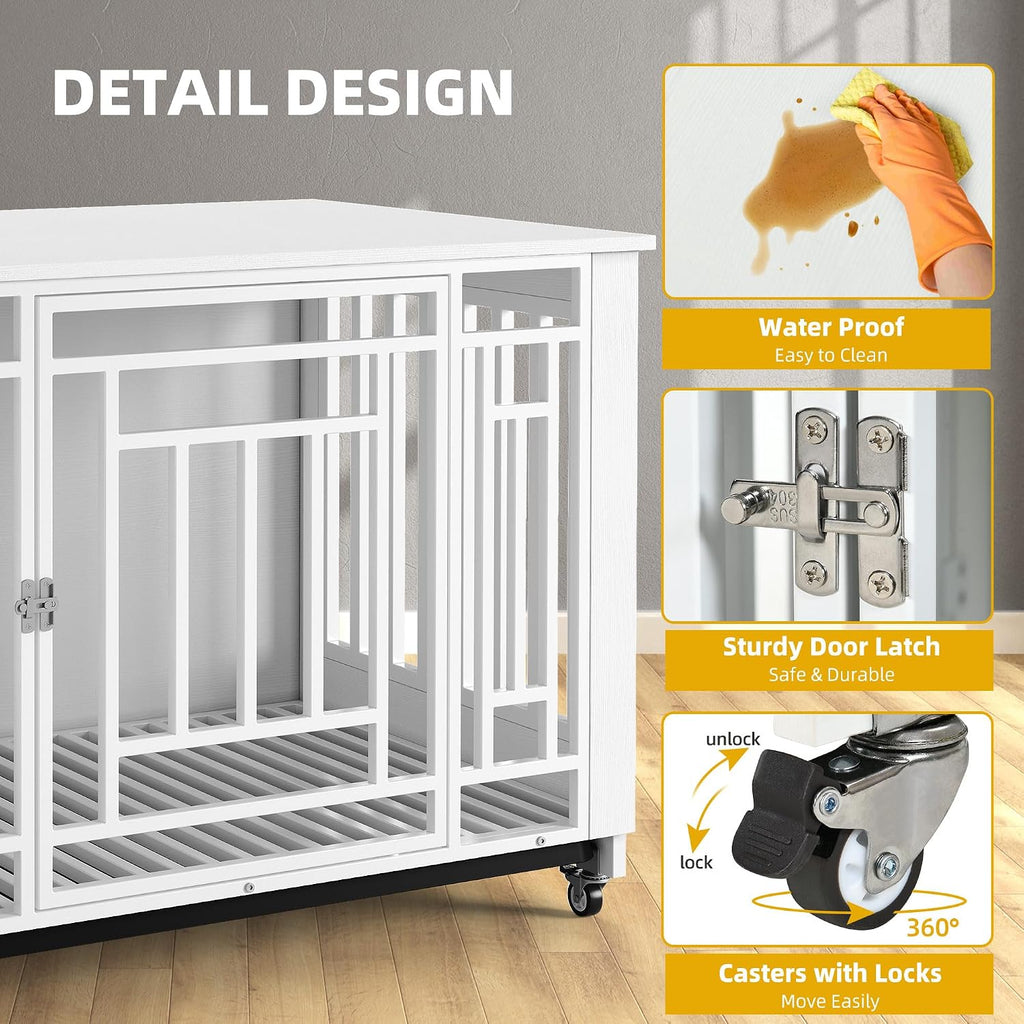 76" Double Dog Crate Furniture for 2 Large Medium Dogs Chew-Resistant | Heavy Duty Dog Kennel Indoor TV Stand with Wheels, Decorative Wooden Dogs Cage Table with Removable Tray, White