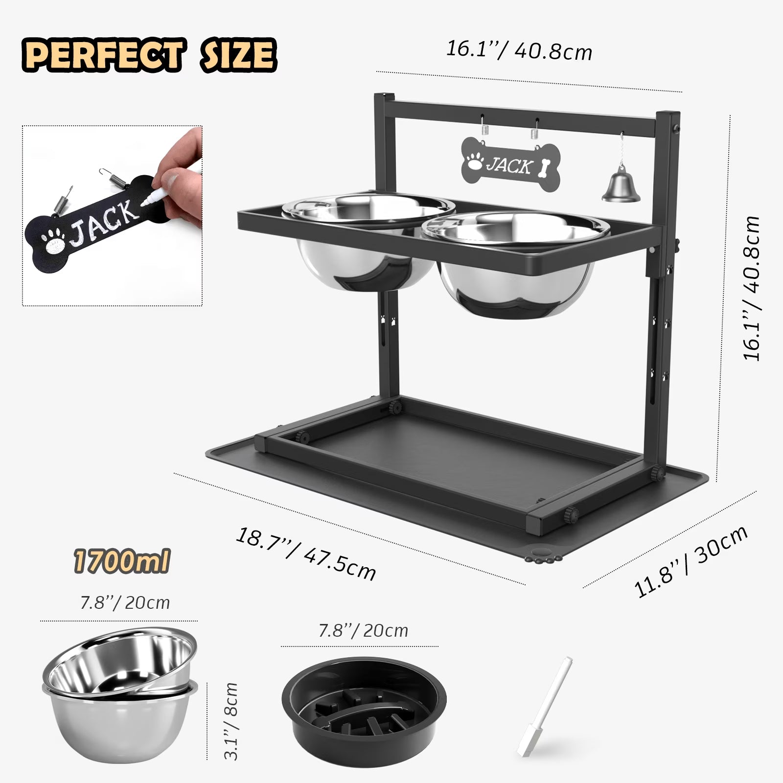 Adjustable Height Elevated Dog Bowls with Slow Feeder and Two 1.7L (60Oz) Stainless Steel Bowls for Large Medium Dogs