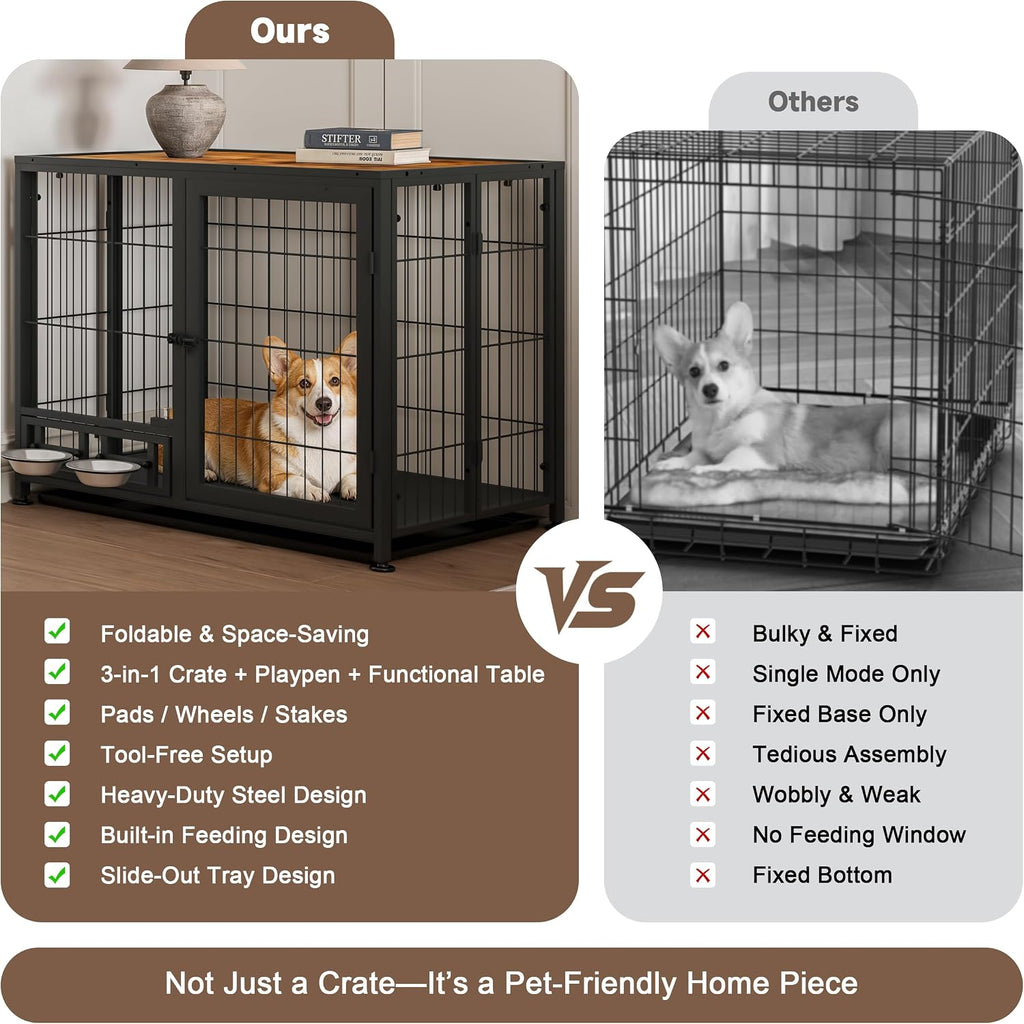 Heavy Duty Dog Crate for Small Dogs, 3 in 1 32.7" Foldable Collapsible Dog Kennel & Playpen with Lockable Wheels & Feeding Bowls, Escape Proof Metal Dog Cage for Indoor Outdoor Use, Rustic Brown