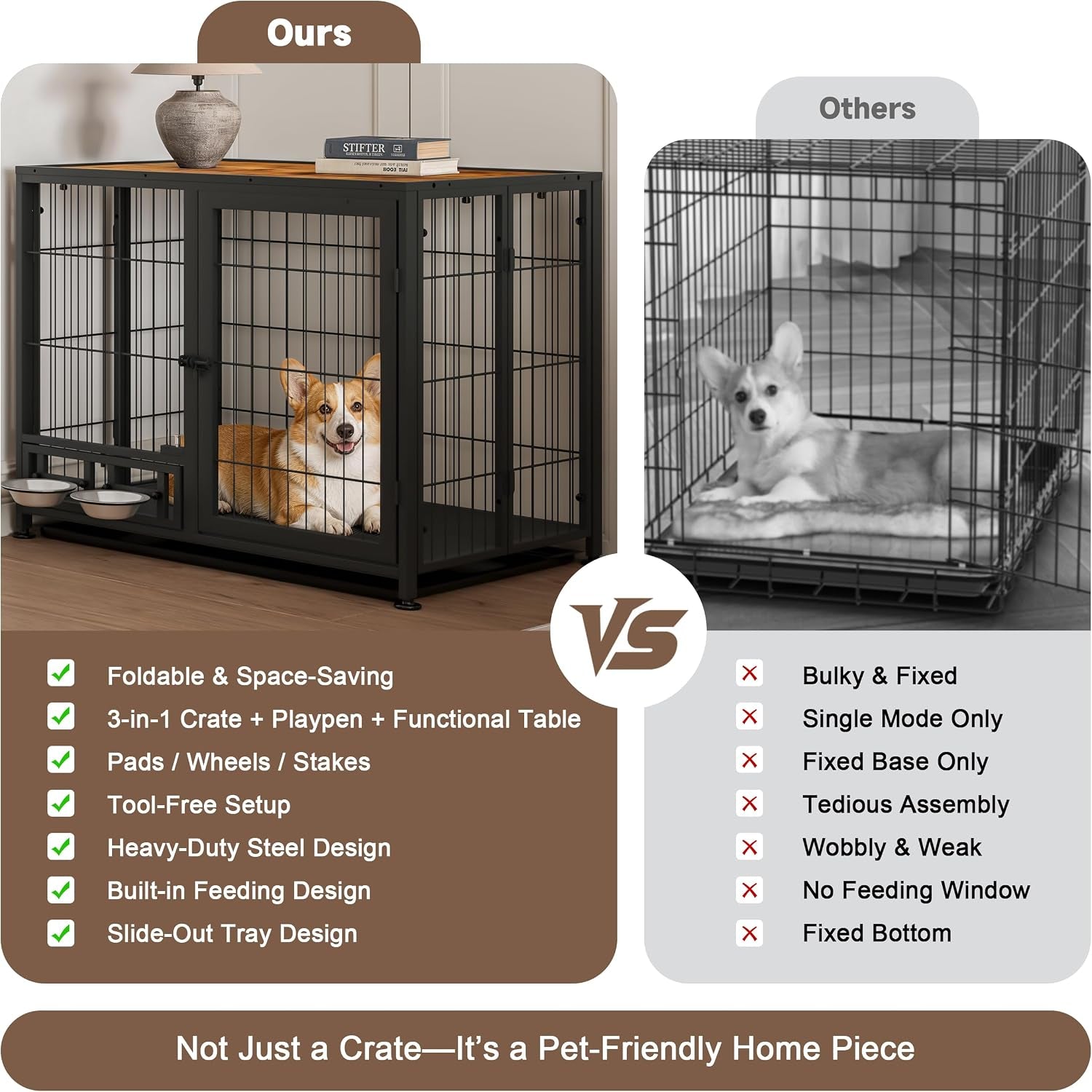 Heavy Duty Dog Crate for Small Dogs, 3 in 1 32.7" Foldable Collapsible Dog Kennel & Playpen with Lockable Wheels & Feeding Bowls, Escape Proof Metal Dog Cage for Indoor Outdoor Use, Rustic Brown