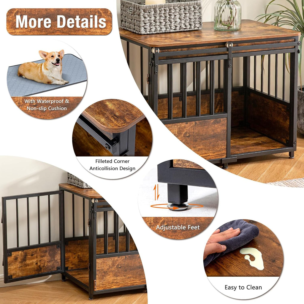 32" Dog Crate Furniture with Cushion, Heavy Duty for Medium Dogs | Wooden Dog Kennel with Double Doors, Decorative Pet House Dog Cage Side End Table Indoor, Sliding Door Chew-Resistant