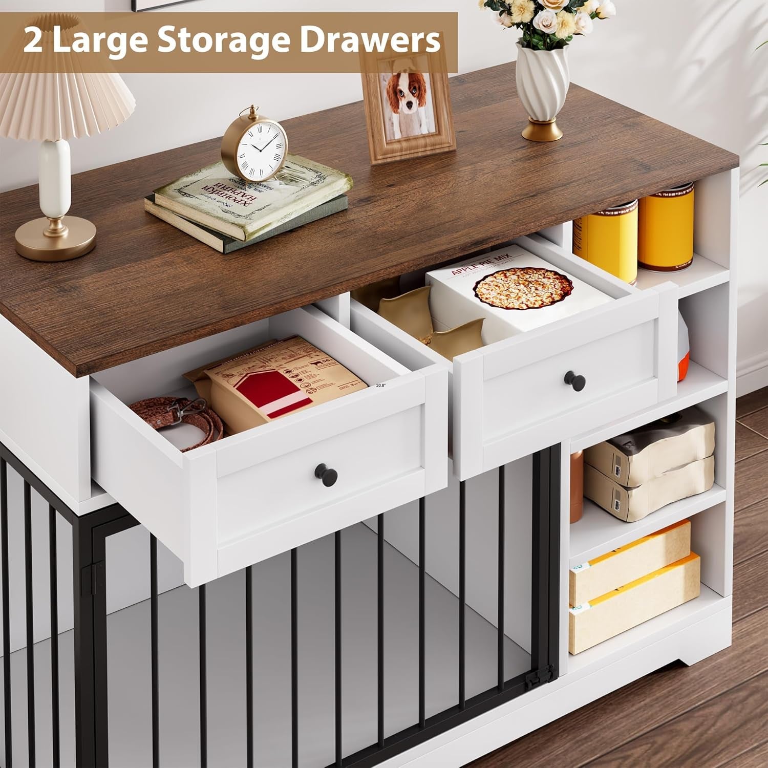 47 in Dog Crate Furniture with 2 Storage Drawers, 4 Deep Shelves, Farmhouse Extra Large Wooden Dogs Cage End Table, Multi-Functional Indoor Dog Kennel for Large Medium Dogs