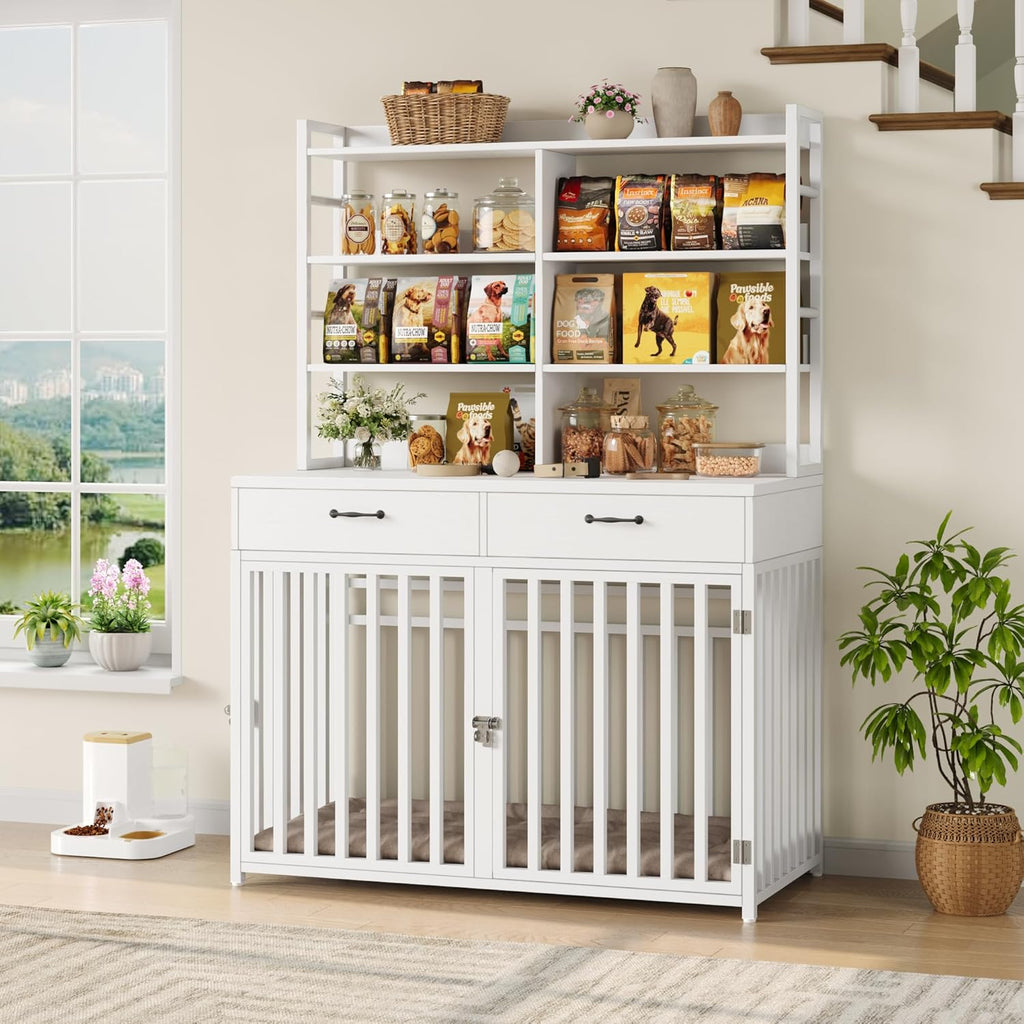 71''H X 47.2''W Large Dog Crate Furniture with 4-Tier Shelves and 2 Storage Drawers, Heavy Duty Dog Cage Furniture with 2 Doors, Wood & Metal Dog Kennel Indoor for Small/Medium/Large Dog, White