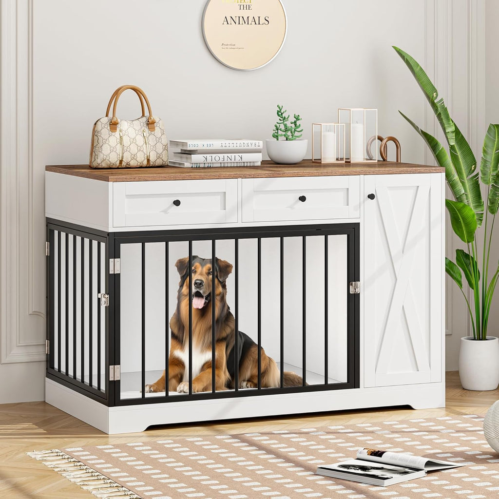 Wooden Dog Crate Furniture, Indoor Pet House with Double Doors & 2 Drawers, Modern Farmhouse Side End Table with Storage Cabinet, for Small to Big Dogs, White