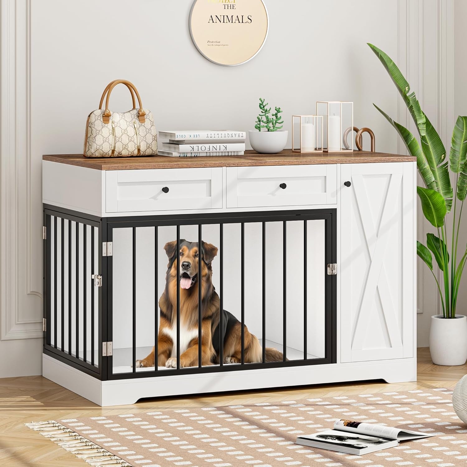 Wooden Dog Crate Furniture, Indoor Pet House with Double Doors & 2 Drawers, Modern Farmhouse Side End Table with Storage Cabinet, for Small to Big Dogs, White