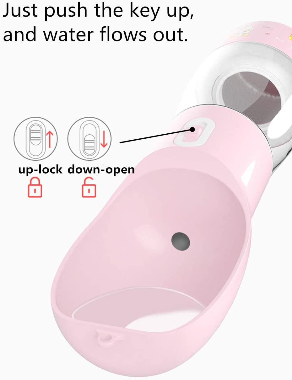 Portable Dog Water Bottle with Food Container Dishwasher Safe-Pink | 3 IN1 Drinking Bottle for Pet Puppy Outdoor Walking Hiking Travel | Leak Proof Dog Water Dispenser with Bowl BPA Free